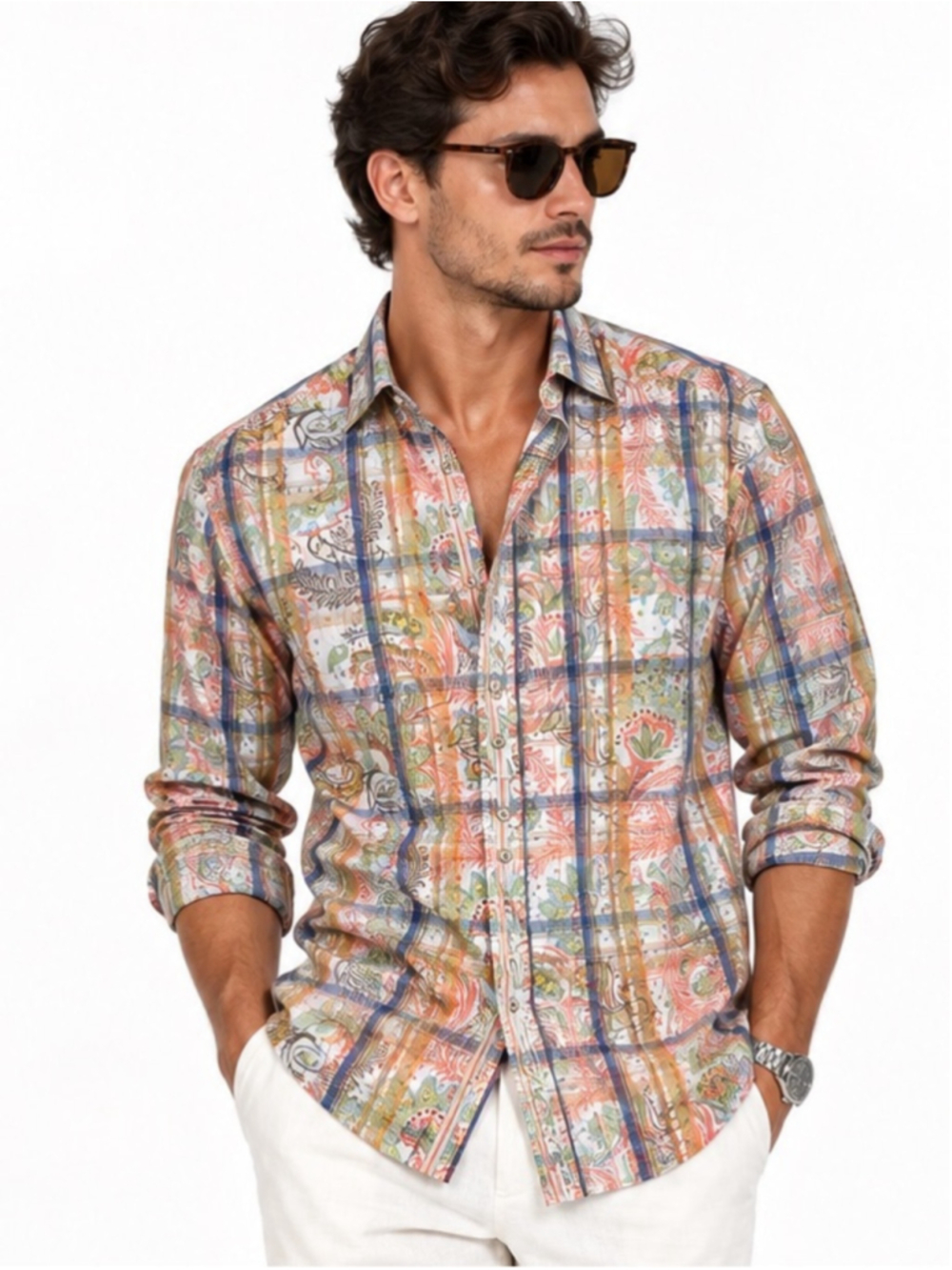 Sean John Tailored Fit Paisley Plaid Button Down Shirt Multicolor Men’s